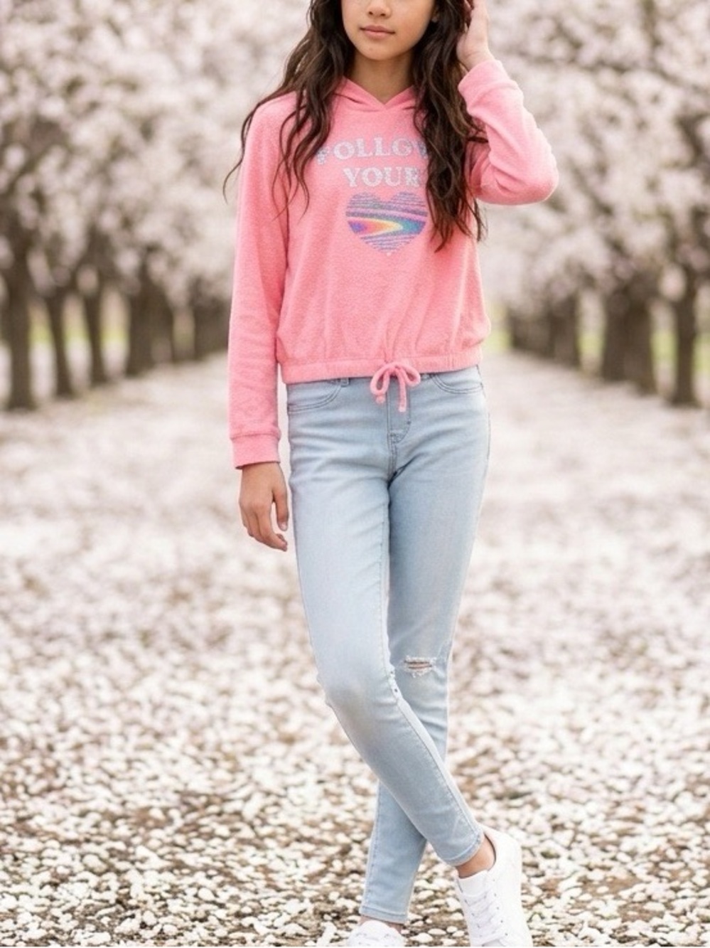 Girls' Pink Pullover Hoodie with Heart Graphic, Jean leggings -Two Piece Set